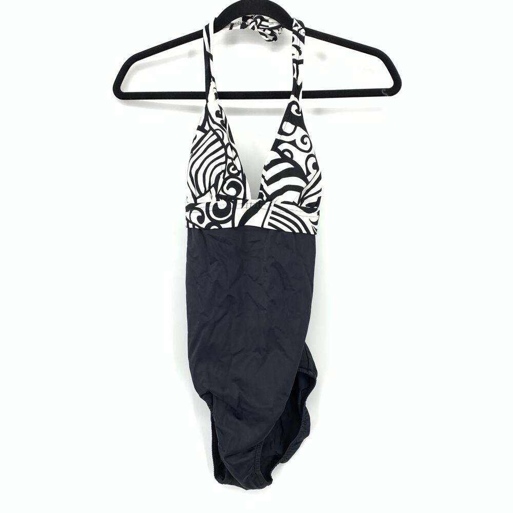 VTG Venus 90s Halter Open Back Swimsuit Bottom Best Fit Sz S Black White Print